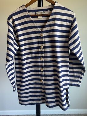 Ruff Hewn Mens Medium Striped Cardigan Navy Beige Cotton Button Front Knit Top